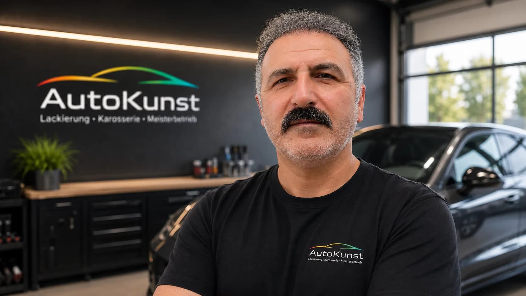 Ahmet Akyüz heute, vor der Logowand seines Betriebs in Bietigheim-Bissingen. Im Hintergrund die Werkstatt und ein schwarzes Fahrzeug.
