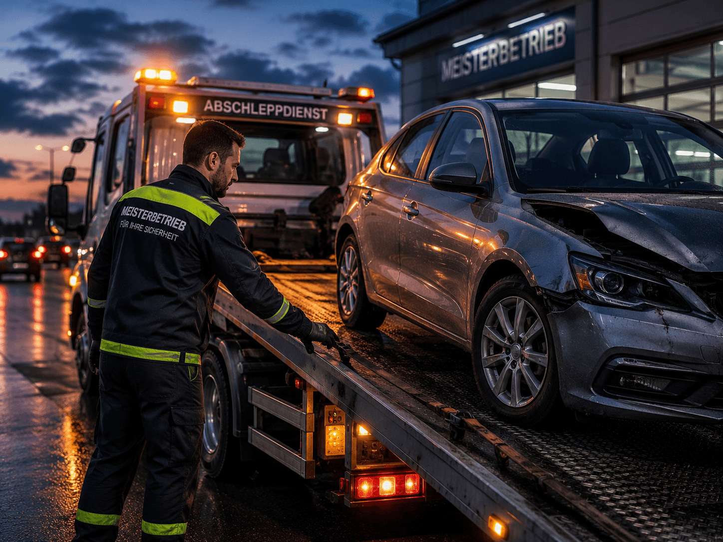 Abschleppdienst bei Dämmerung und Regen