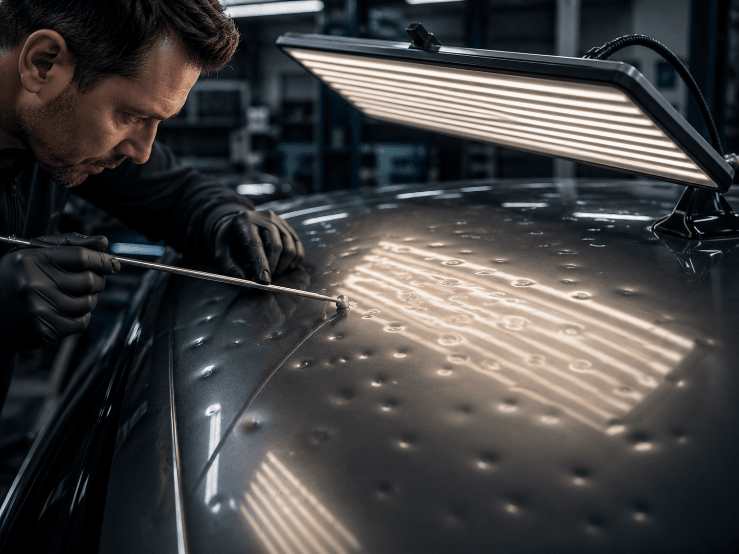 Kfz-Dellenreparatur in Werkstattbeleuchtung