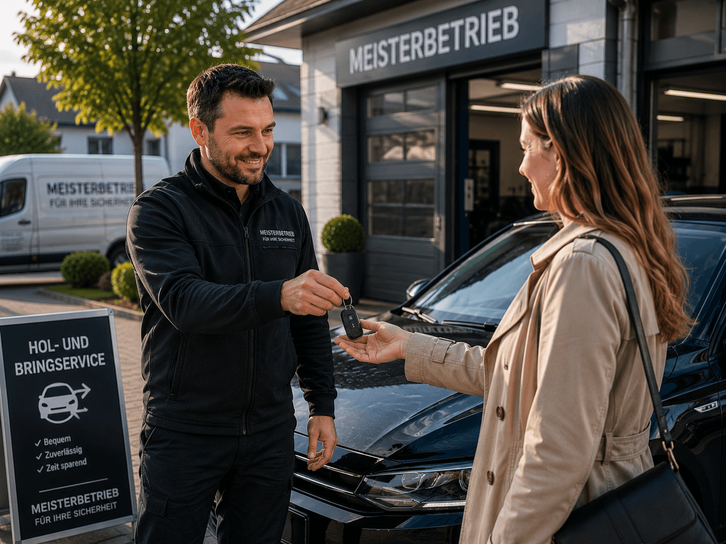 Schlüsselübergabe vor der Werkstatt