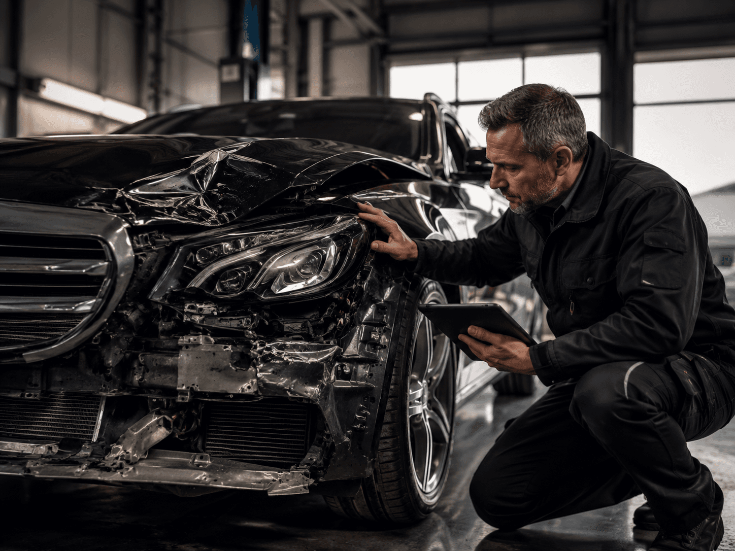 Werkstattinspektion eines beschädigten Luxuswagens