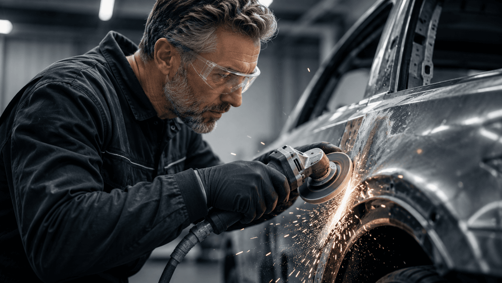 Karosseriebauer bei der Reparatur mit konzentrierter Handarbeit